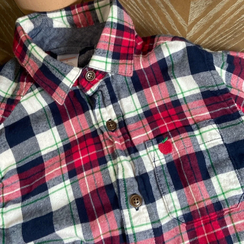 Little Boy Red & Navy Blue Plaid Fall Harvest Apple Flannel Button Down Shirt